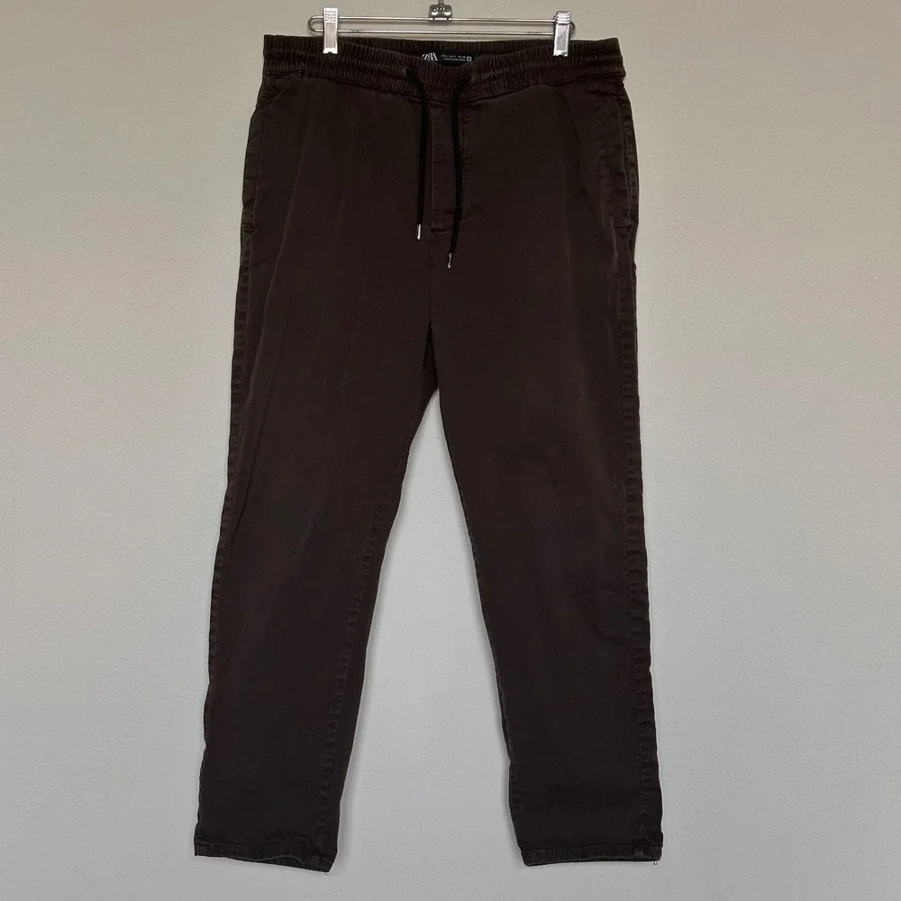 Zara Man Elastic Waist Drawstring Jogger Pants Brown Cotton Stretch Size Large